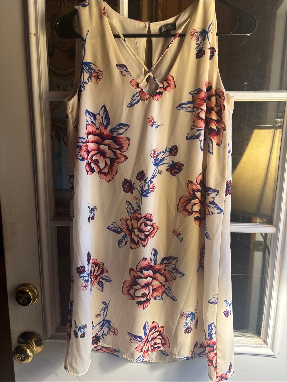 Sleeveless Cream Floral Sundress with Pink & Blue Blooms